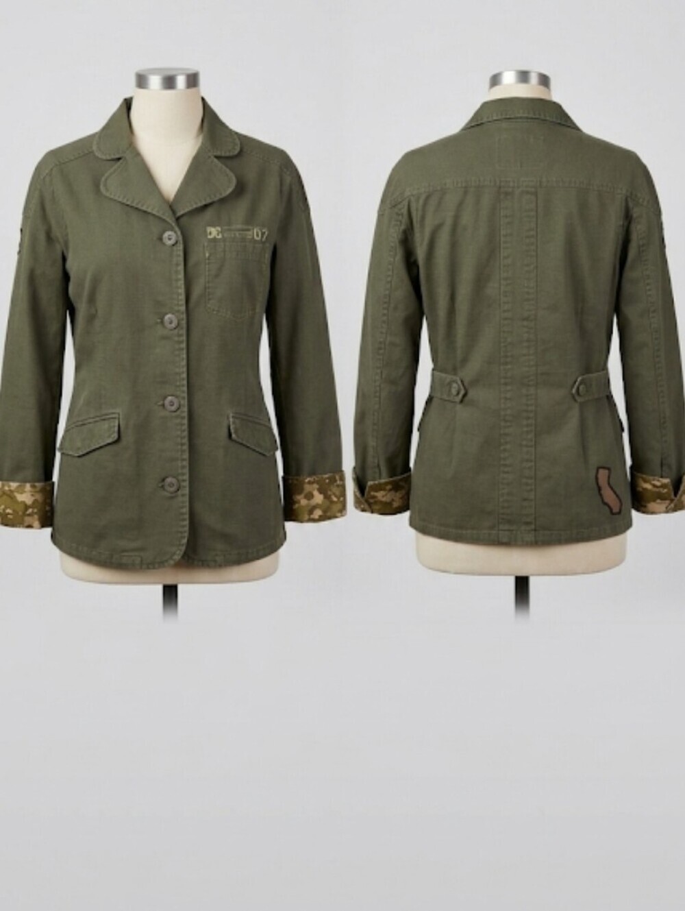 DC Olive Green Canvas Field Jacket with Camo Cuff Detail Size Medium
